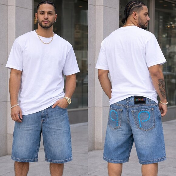 Parish Light Blue-Wash Cotton Denim Shorts 32 waist NWOT - Picture 1 of 16